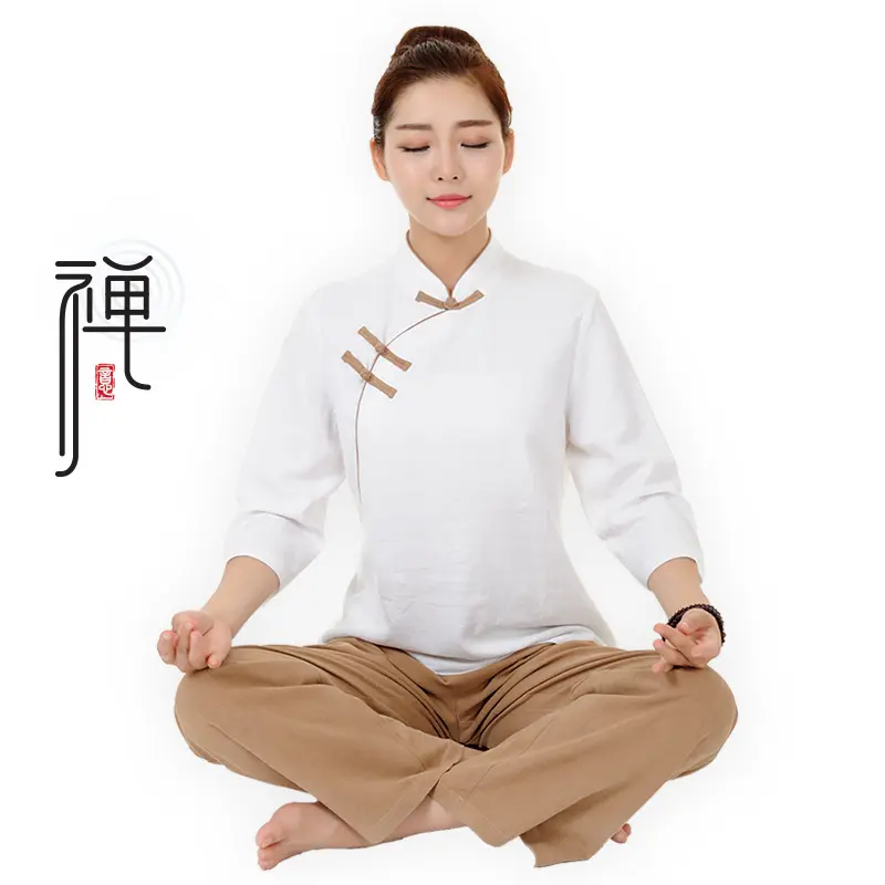 女装瑜伽服棉麻复古禅修居士服套装大码春季新款亚麻上衣盘扣汉服