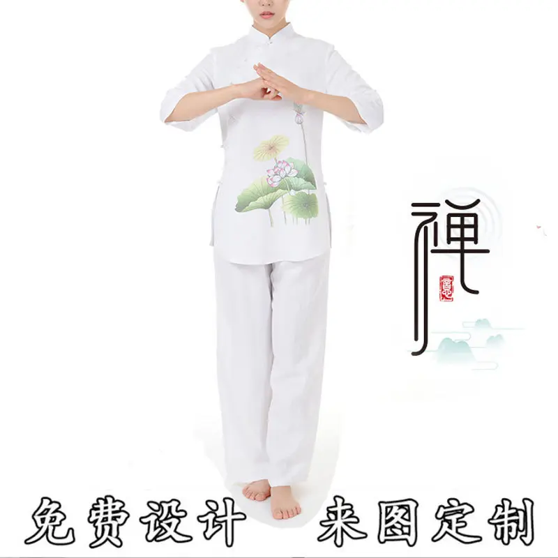 茶服女禅意文艺中亚麻斜襟立领