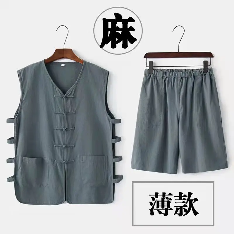 夏季唐装马褂男亚麻汗衫袖背心中