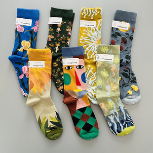 款 法国小众女士中筒袜棉袜四季 趣味油画风多巴胺彩色袜子 推荐 爆款