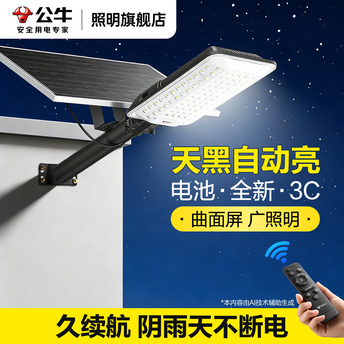 公牛太阳能路灯2026户外家用庭院灯LED超亮大功率农村防水照明灯