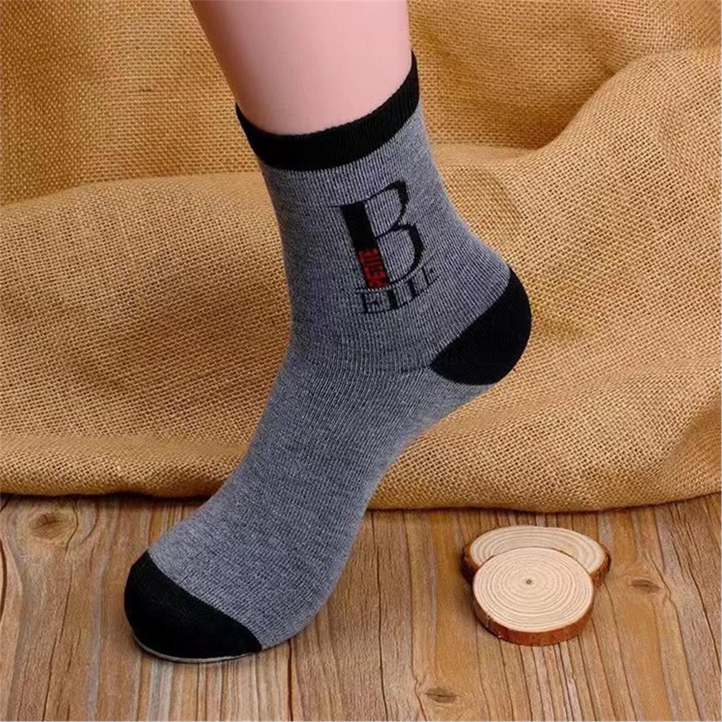 5双10双装大脚板字母B长筒棉袜劳动工地长款耐磨加男士袜子四季款