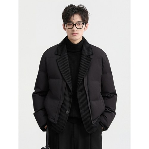 伯爵卓尔25冬季假两件拼接设计羽绒服男潮流翻领条纹加厚保暖外套