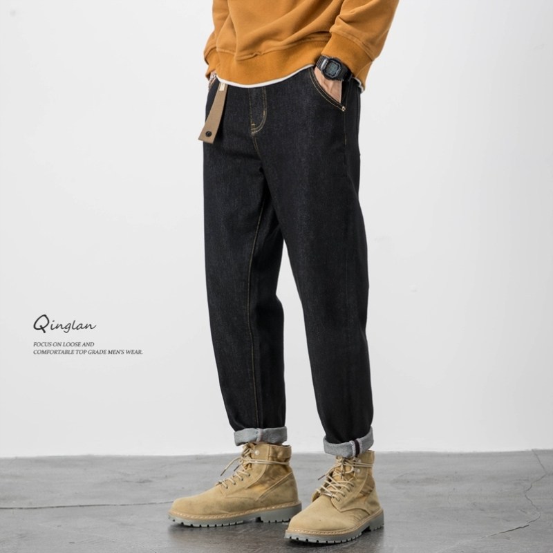 秋冬黑色裤子男宽松直筒牛仔裤男款加绒加厚弹力锥形休闲大码潮流