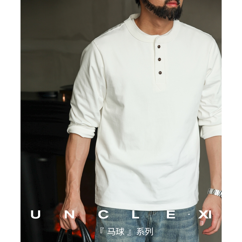 【CBD精英】纯棉重磅320g美式亨利领长袖t恤男排扣秋季休闲打底衫