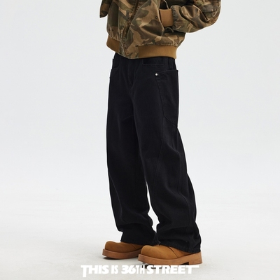 小众设计感弯刀裤男秋冬加绒黑色牛仔裤美式高街直筒休闲工装裤子