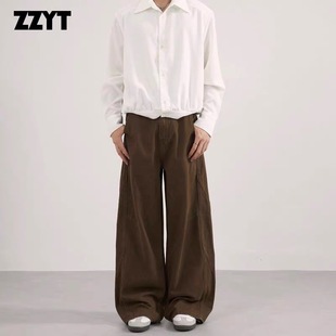 ZZYT美式复古解构设计感水洗工装裤男女宽松休闲褶皱直筒垂感裤子