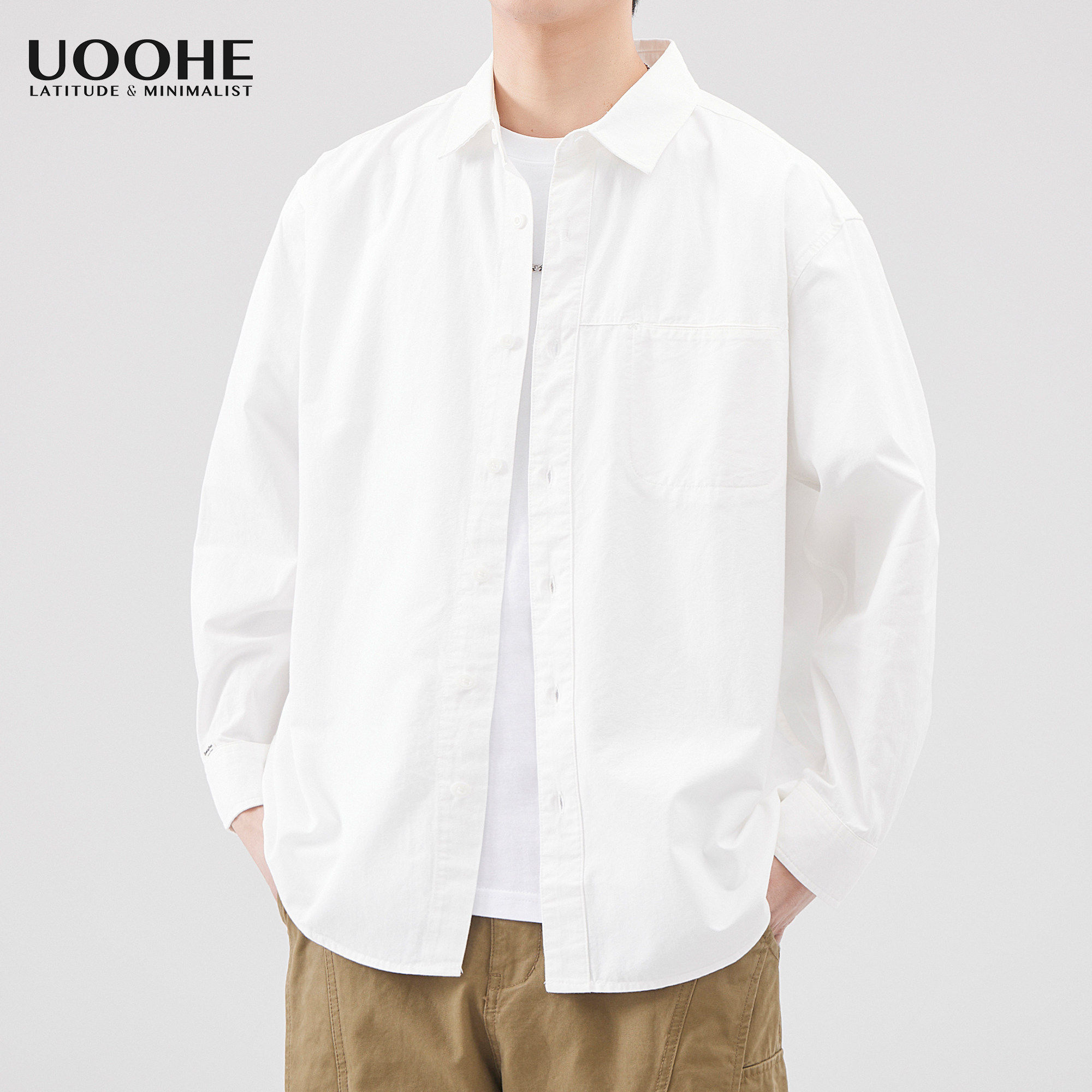 UOOHE白色长袖衬衫男士春季新款休闲商务领证纯棉衬衣外套男生
