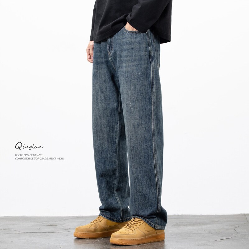 轻澜秋冬款深蓝色牛仔裤男直筒宽松美式潮牌复古大码裤子2025新款