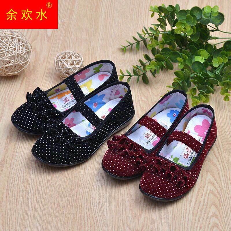 儿童布鞋老北京布鞋小礼仪舞蹈小跟黑平绒学生红色方口女童鞋女孩