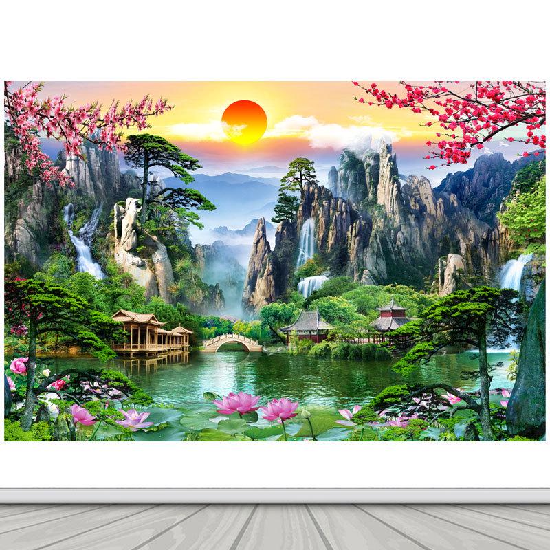 山水画有山有水亭子风景自粘无活动物背景墙贴客厅装饰人间仙堂境图片