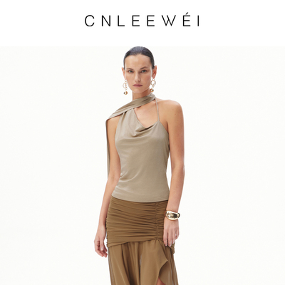 CNLEEWEI26春新款女士蕾丝拼接流苏飘带斜肩吊带背心上衣女