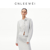 CNLEEWEI26早春浅灰高智感玫瑰花朵轻奢珠片亮丝毛织开衫
