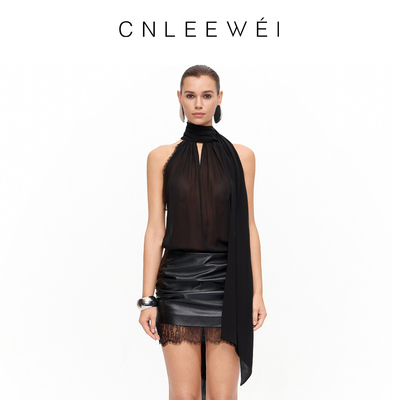 CNLEEWEI26春夏新款黑色显瘦气质真丝雪纺小高领挂脖飘带上衣