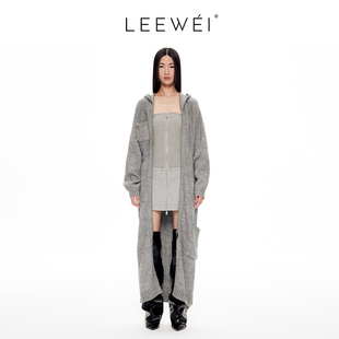 CNLEEWEI 2024秋季新款长款连帽外套宽松版型拉链设计开衫毛衣