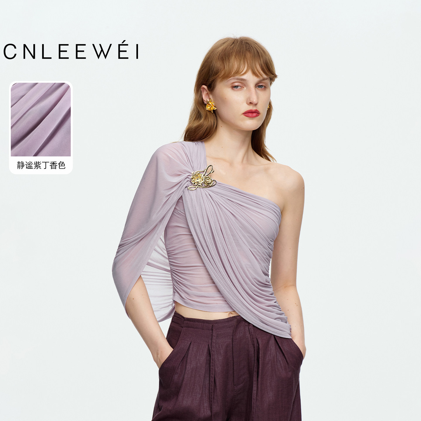 CNLEEWEI斜肩密褶显瘦上衣