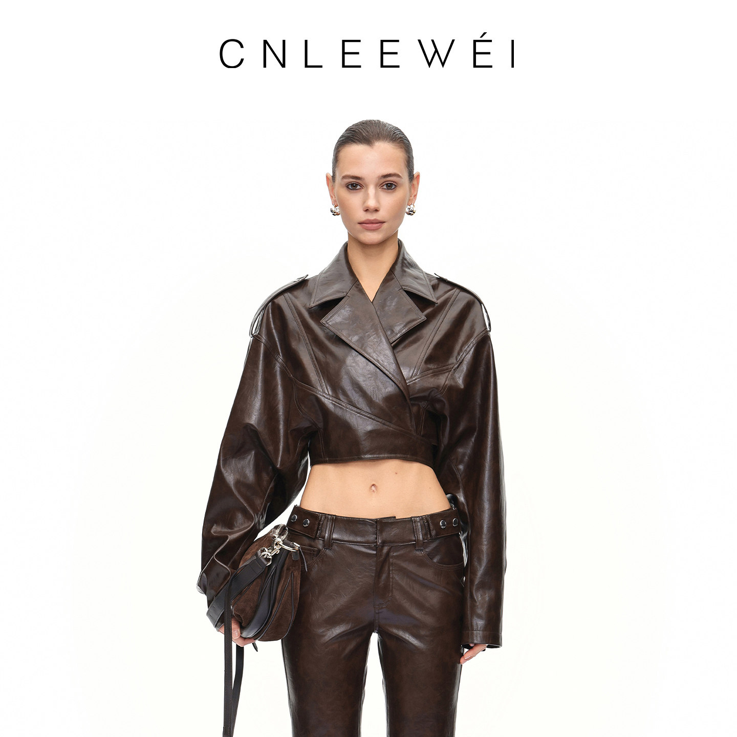 【张靓颖同款】CNLEEWEI春夏款绑带廓形超短皮衣夹克外套女