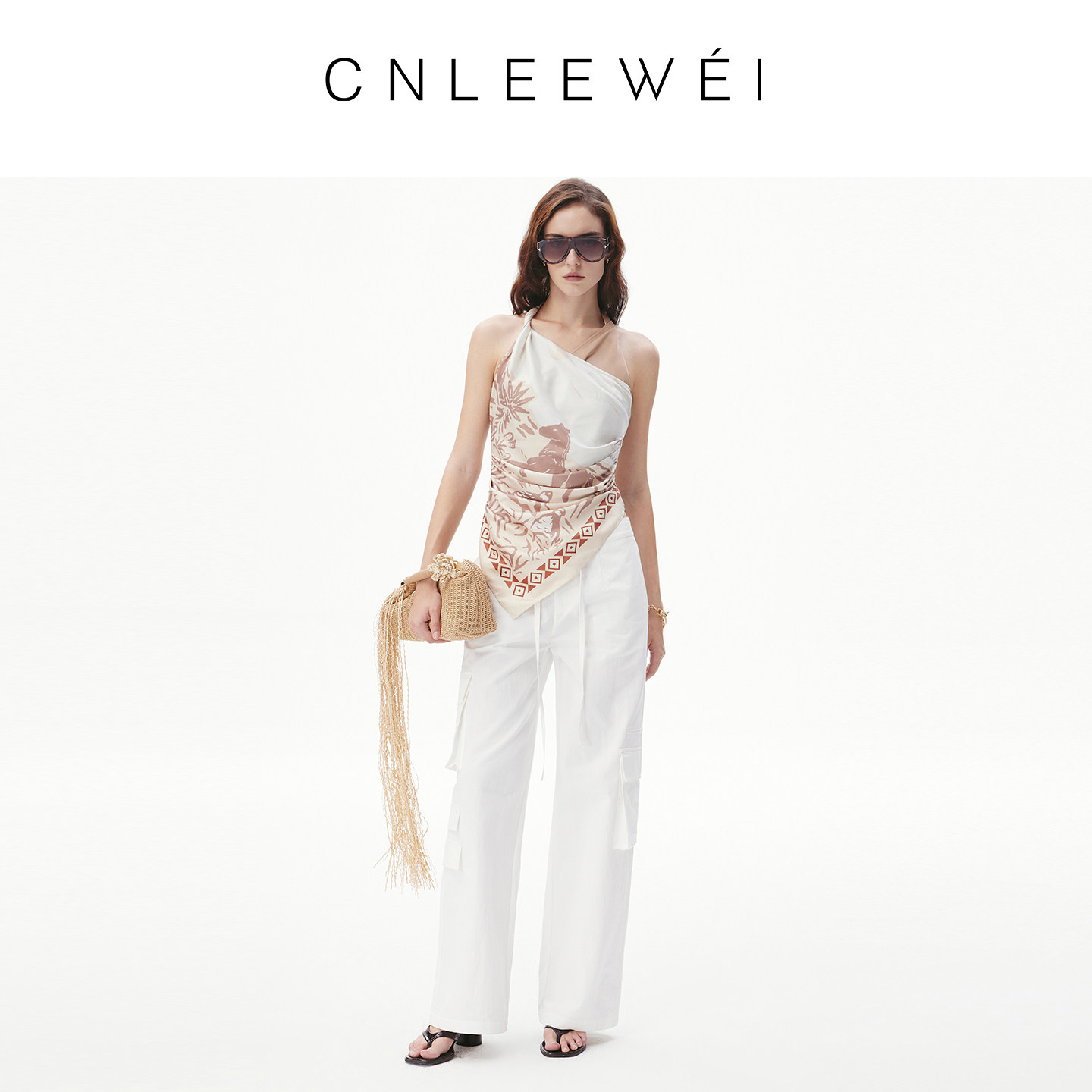CNLEEWEI26春新款女士复古手绘马图案丝巾拼接挂脖背心女上衣