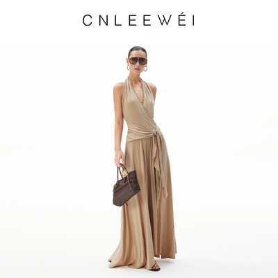 CNLEEWEI26春新款女度假浪漫交叠式V领挂脖瓢片绑带针织连衣裙
