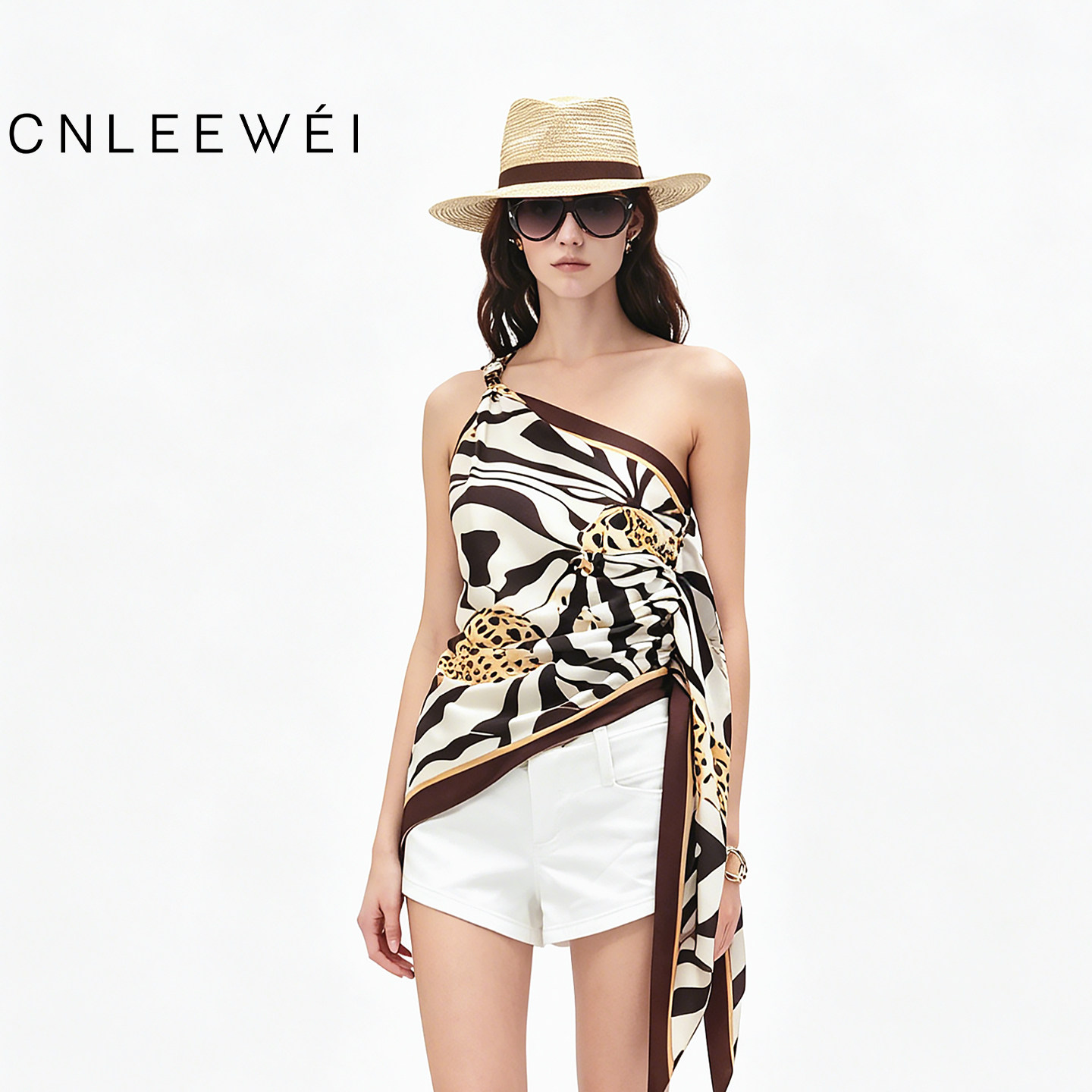 CNLEEWEI26夏季豹纹斑马纹斜肩丝巾上衣女设计感飘带缎面背心