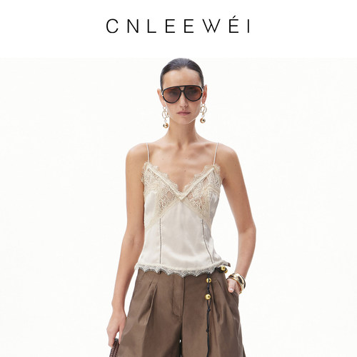 【关晓彤同款】CNLEEWEI26秋优雅精致蕾丝拼接缎面吊带背心上衣女