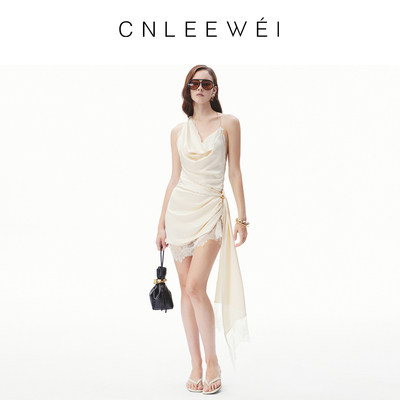CNLEEWEI26春新款女士度假性感醋酸蕾丝拼接扭结吊带连衣裙女
