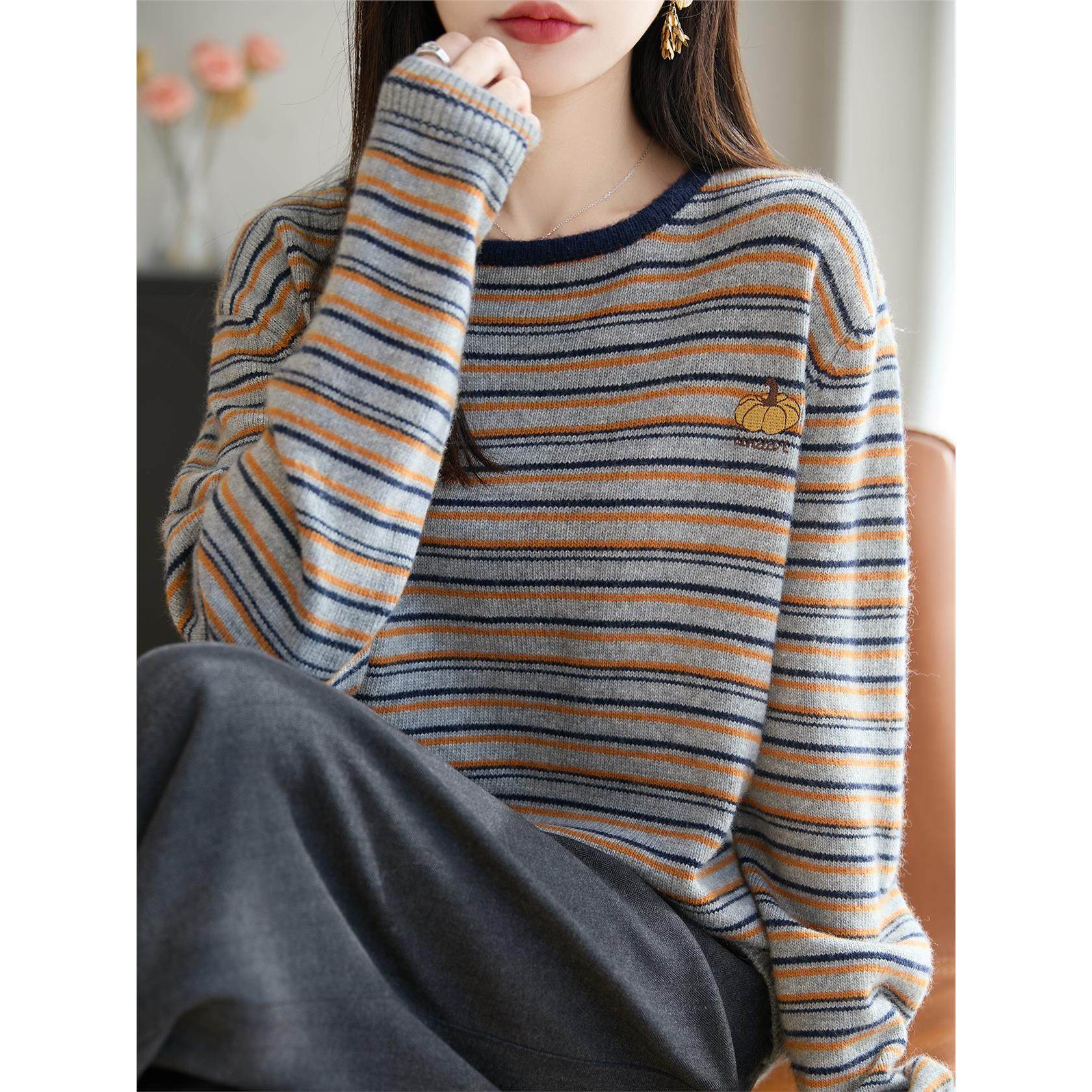 时尚条纹南瓜刺绣针织打底衫女2025新款洋气大码女装上衣秋冬毛衣