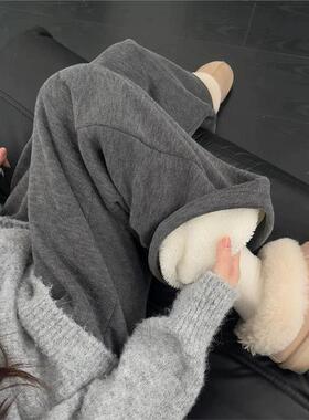 灰色羊羔绒糯米裤女秋冬新款加绒加厚保暖显瘦棉裤外穿休闲阔腿裤
