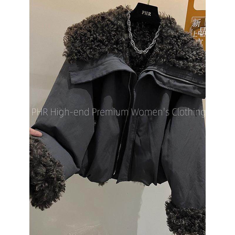 欧货2025年冬装新款大翻领羊羔毛棉服棉衣女短款加厚派克服外套女