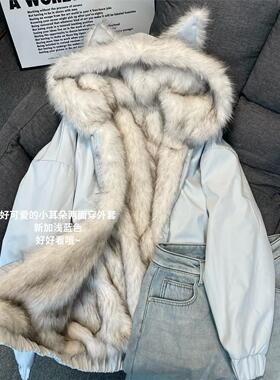 浅蓝色猫耳朵座山雕毛毛连帽外套女冬季两面穿加绒加厚保暖上衣潮