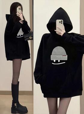黑色加绒连帽卫衣女外套2025秋冬季新款时尚减龄加厚衣服帽衫上衣