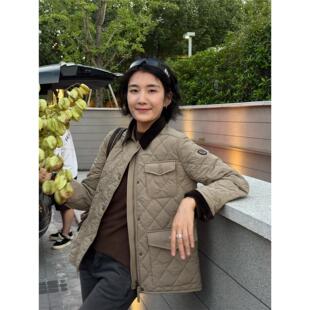 浪清 卡其色翻领菱格棉服女款2025新款秋冬轻薄保暖工装棉衣外套