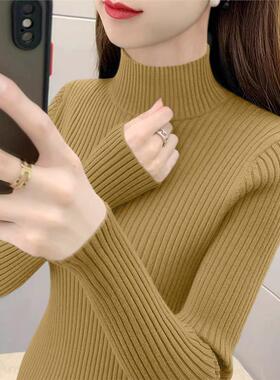 2025秋冬新款女装芥黄色长袖针织衫半高领毛衣加厚款内搭打底上衣