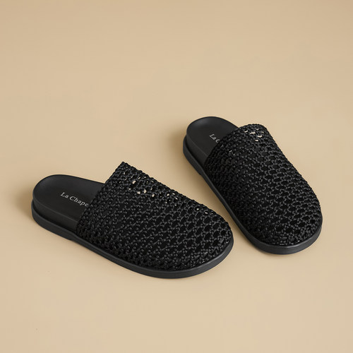 编织勃肯鞋女夏季外穿平底半拖鞋一脚蹬穆勒鞋黑色单鞋