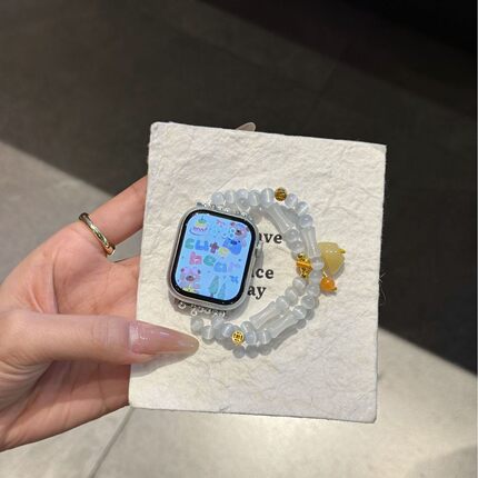 适用于苹果手表iwatch9表带弹力天然石元宝串珠applewatch8透气