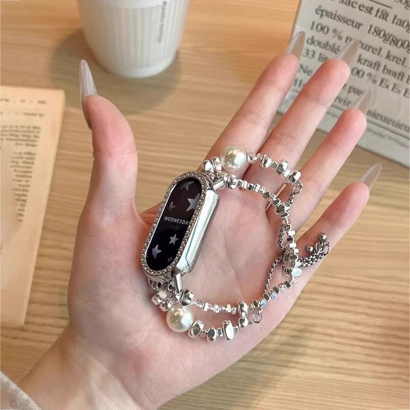 碎银珍珠适用小米手环10表带轻奢珍珠链条金属表带女通用10陶瓷版