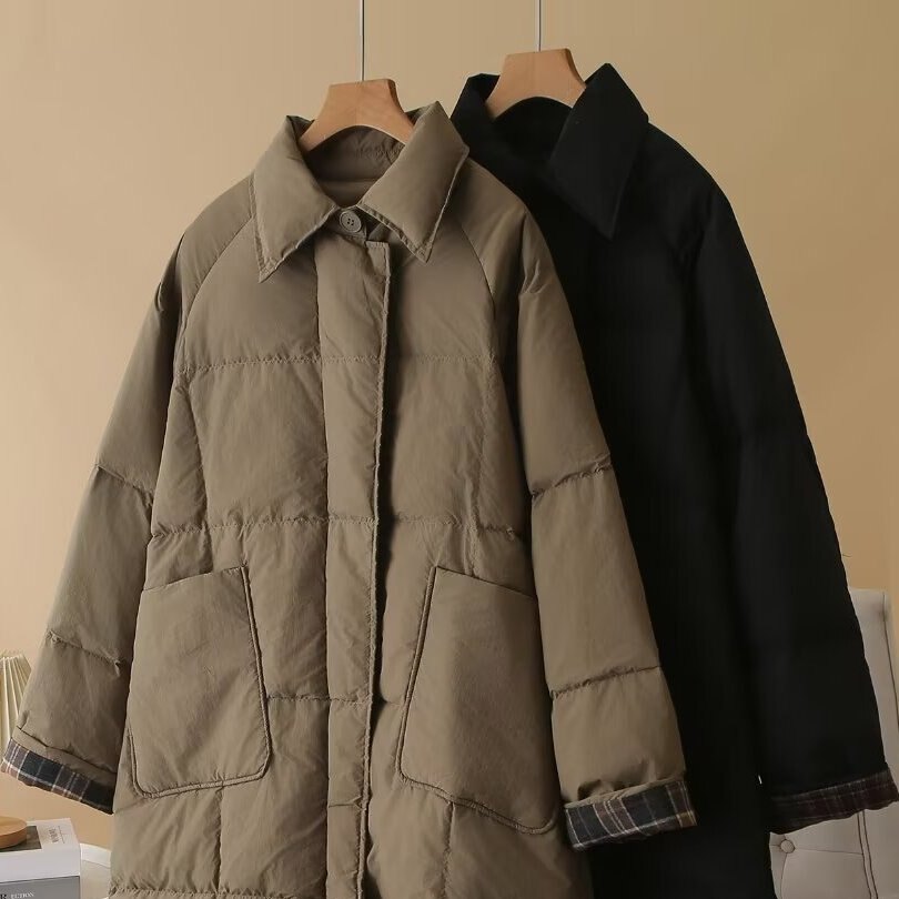 大码女装冬季新款韩版宽松胖mm翻领中长款羽绒服外套格子加厚大衣