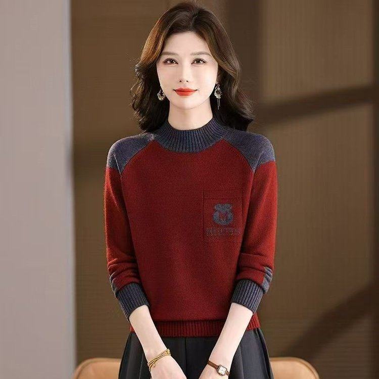 拼色毛衣秋冬女妈妈加厚保暖半高领上衣短款遮肚子绣花针织打底衫