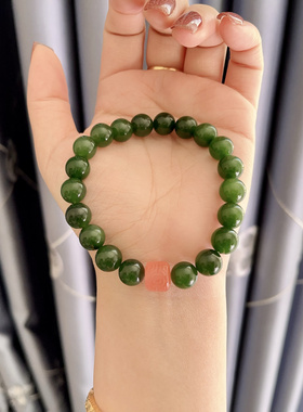 新疆和田玉碧玉手串天然菠菜绿色圆珠10mm冰底老坑料无黑点