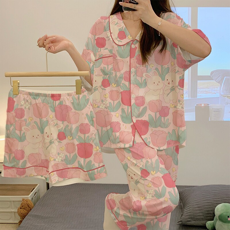夏季三件套装睡衣女冰丝2023年新款春秋可爱卡通网红风夏天家居服