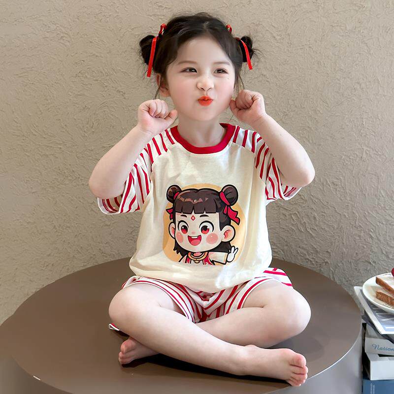 2025新款女童睡衣夏儿童家居服纯棉女孩女宝夏季薄款短袖哪吒套装