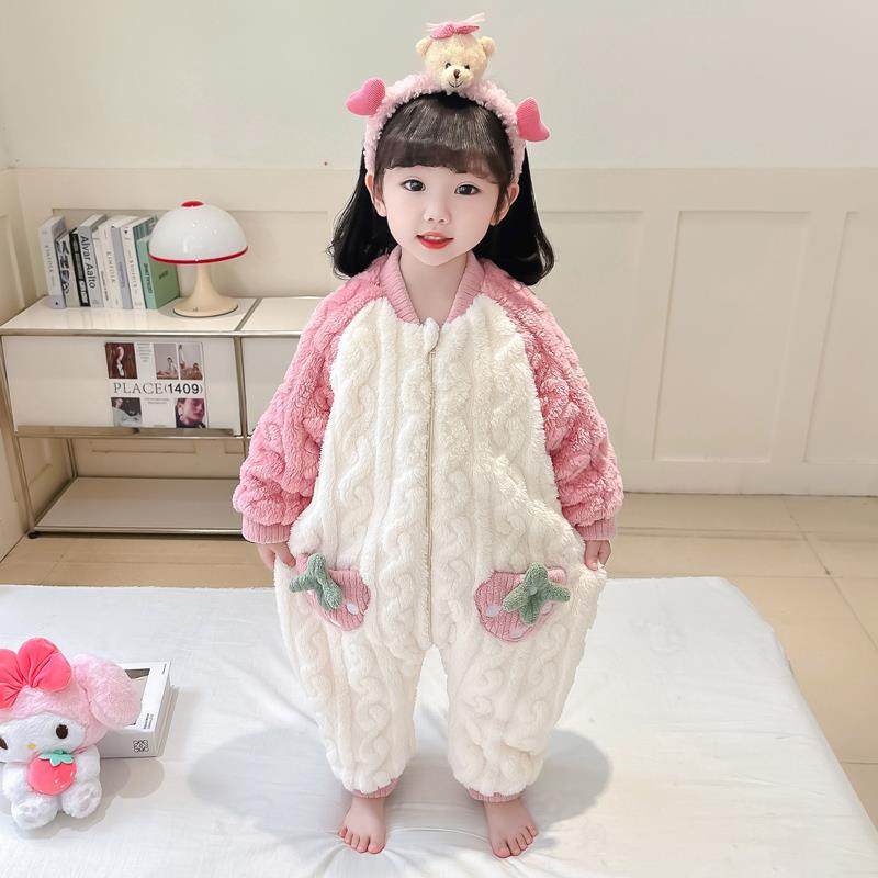 女童连体衣秋冬法兰绒双层加绒女宝宝冬季睡衣女孩冬款加厚珊瑚绒