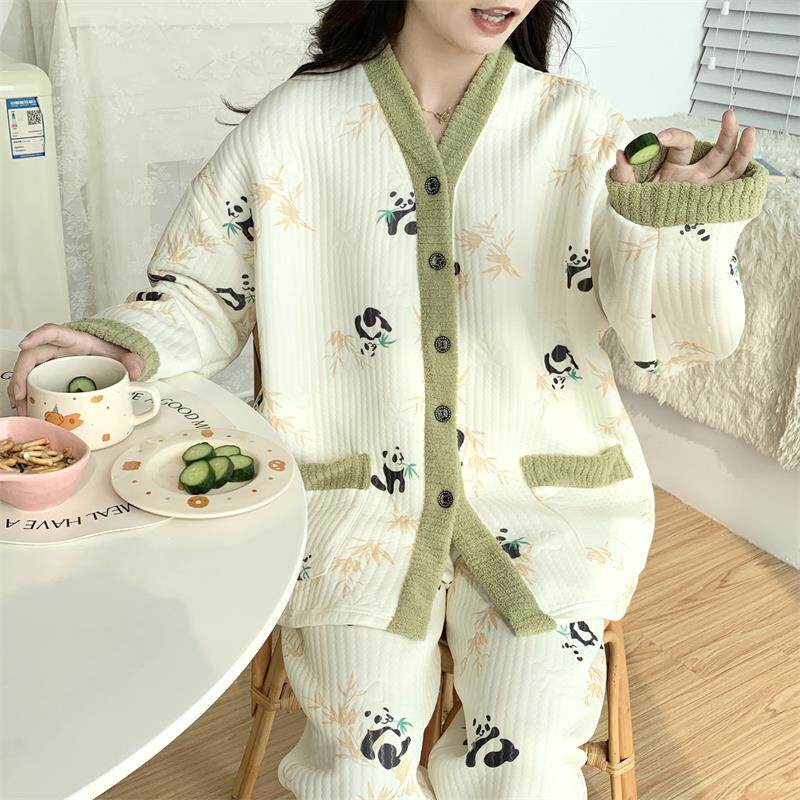 睡衣女秋冬季空气棉夹层甜美特大码胖MM300斤纯棉月子家居服套装