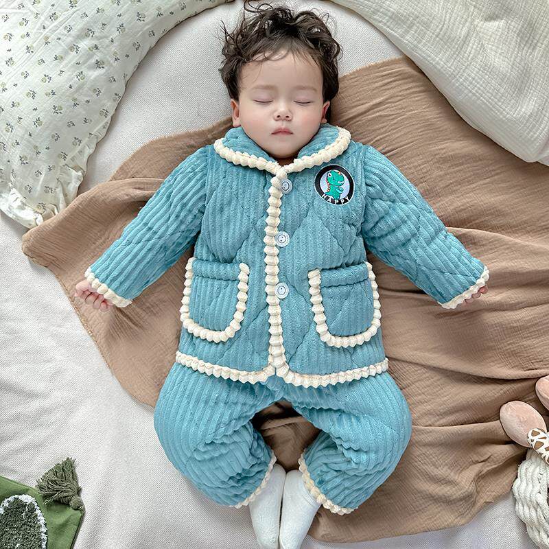 宝宝冬季睡衣三层夹棉加绒加厚款儿童套装男童珊瑚法兰绒睡袄棉袄