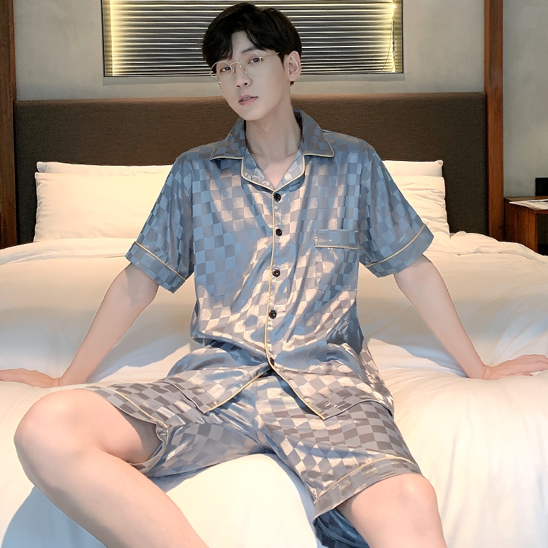2022年新款睡衣男士夏季冰丝短袖短裤开衫家居服夏天薄款丝绸套装