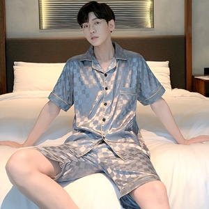 2022年新款睡衣男士夏季冰丝短袖短裤开衫家居服夏天薄款丝绸套装