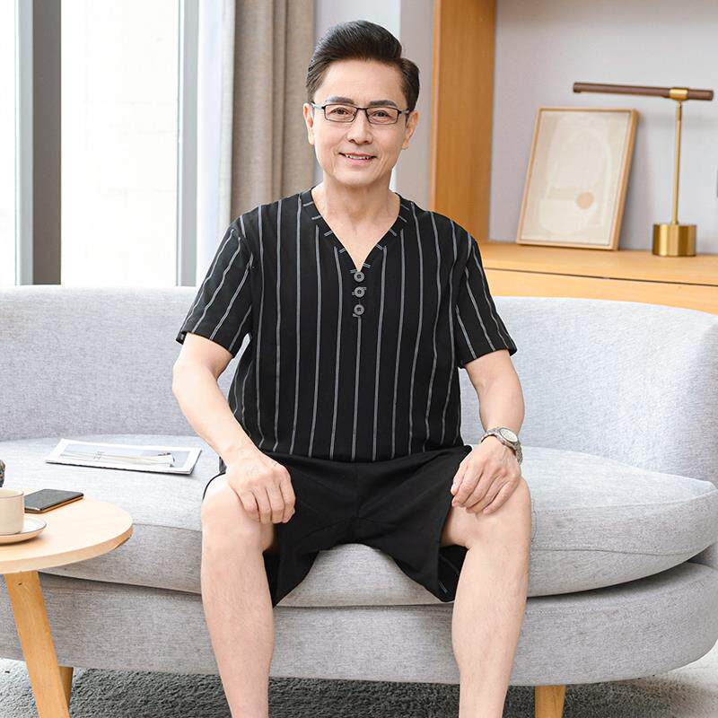 中老年爸爸睡衣男夏季纯棉短袖五分裤圆领套头款休闲可外穿家居服