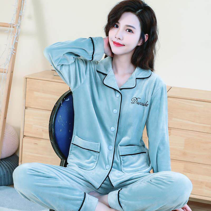 睡衣女秋冬季保暖珊瑚绒女士睡衣套装简约薄款海岛绒可外穿家居服