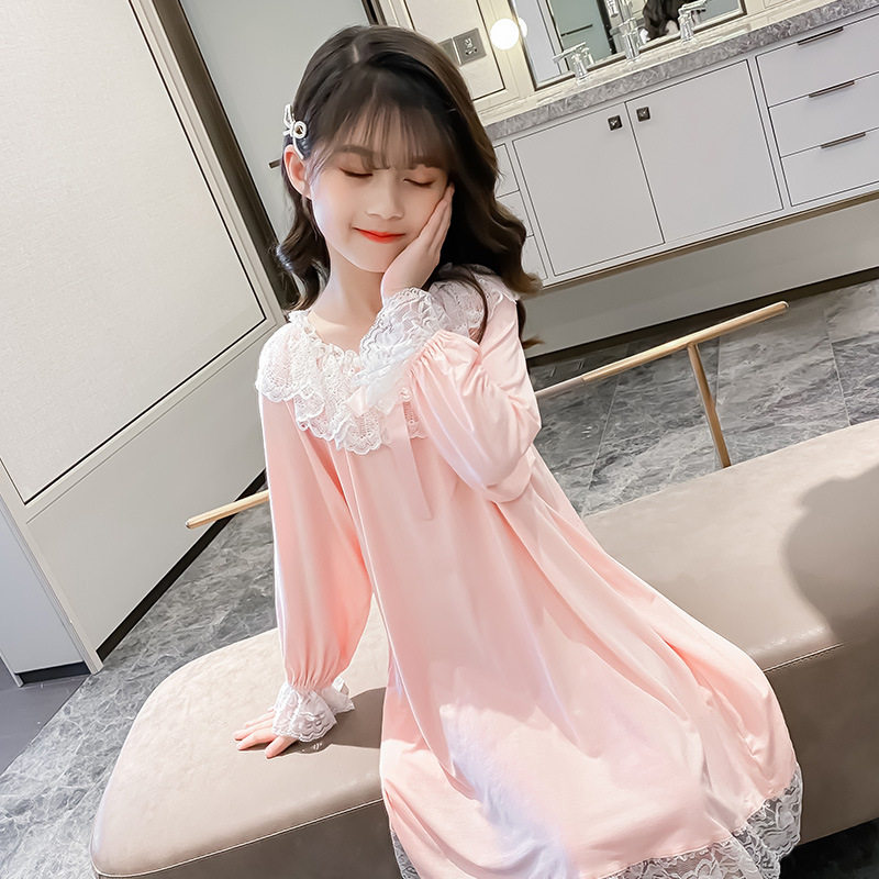 儿童睡裙女春夏女孩公主长袖女童宫廷风春秋莫代尔睡衣中大童新款