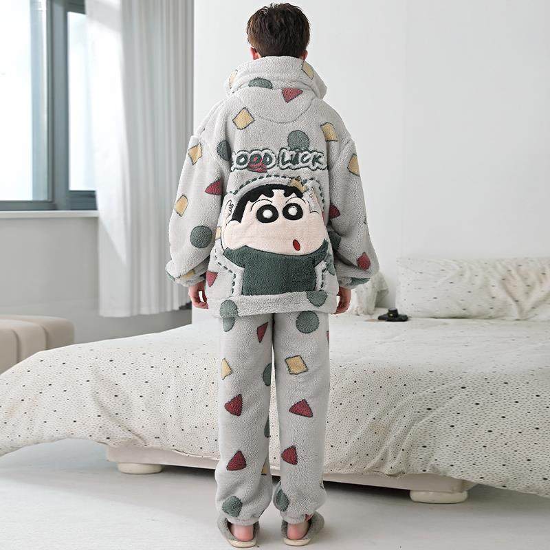 蜡笔小新珊瑚绒男款睡衣秋冬季学生大童青少年大码加绒加厚家居服